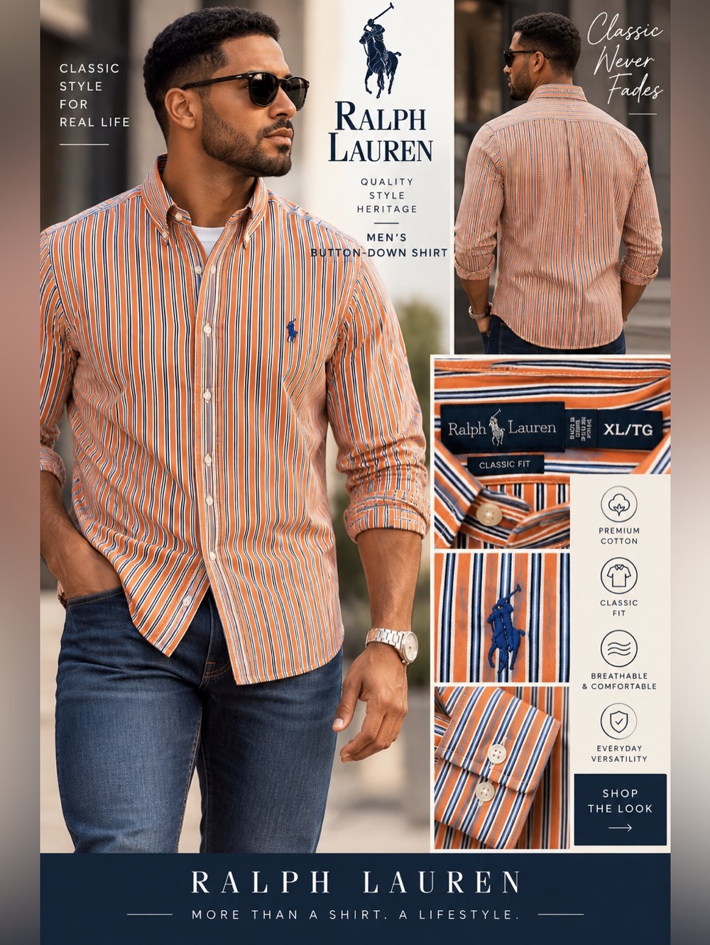Ralph Lauren Orange and Blue Striped Button-Down Shirt